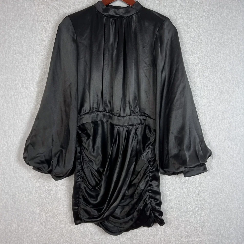 House of CB Black Khristen Balloon Long Sleeve Blouson Satin Mini Dress Sz Large